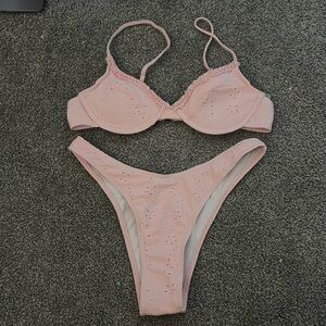 baby pink flower wire bikini top and bottoms